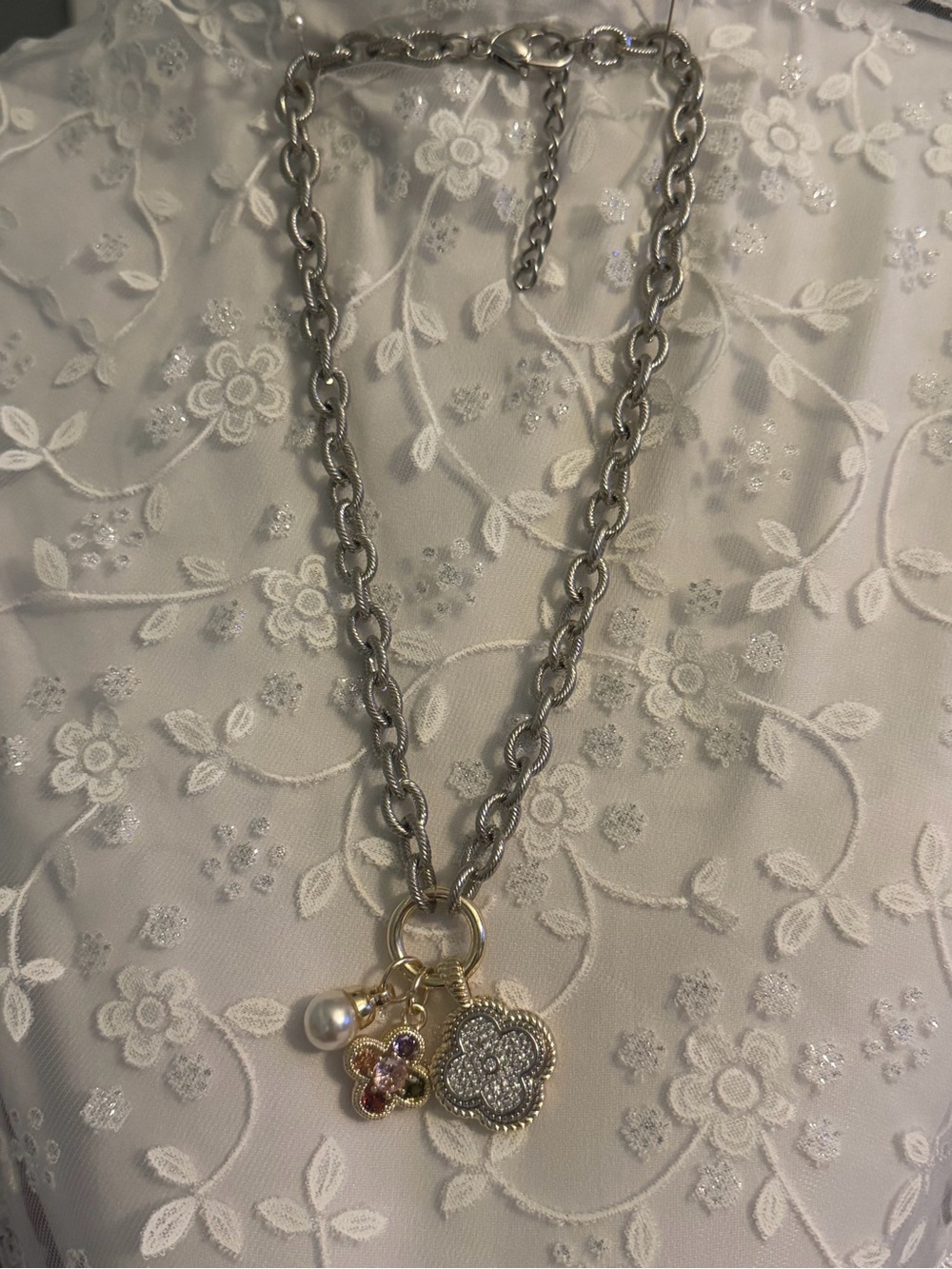 Silver Chain Necklace with Gold and Crystal Floral Charms - Women Jewelry